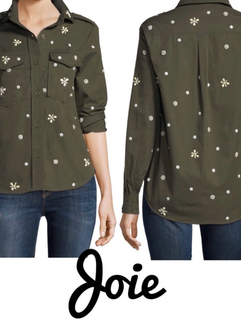 Joie Hayfa Olive Button Down White Daisy Embroidery Shirt Women’s Size M  NWT